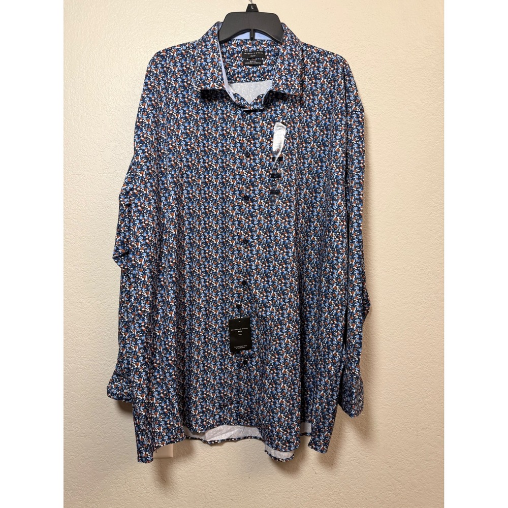 Shaquille O'Neal XLG Mens 3XL Big Fit Cooling Stretch Floral Dress Shirt Blue